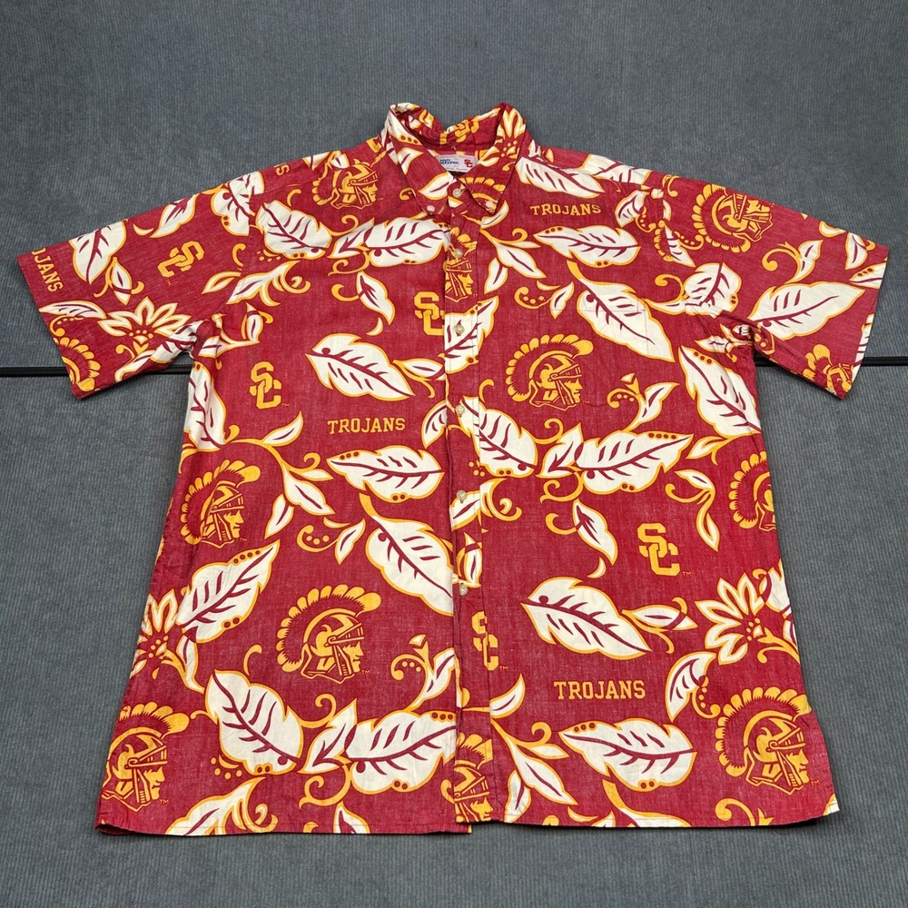 Reyn Spooner USC Trojans Shirt Y2K Red Floral Logo Cotton Aloha Mens XXL Hawaii